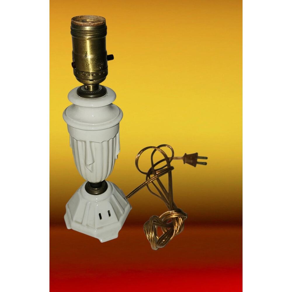 Vintage Fluted White Ceramic Art Deco Lamp Built-in Outlet 1930s- Early '50s
